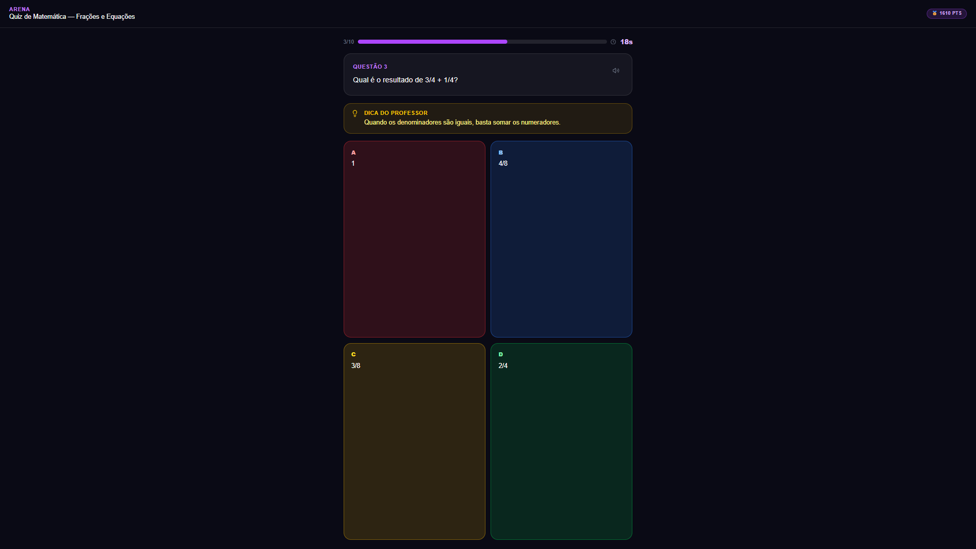 Arena ao vivo — visão do aluno: questão, dica do professor (opcional), 4 alternativas e timer.