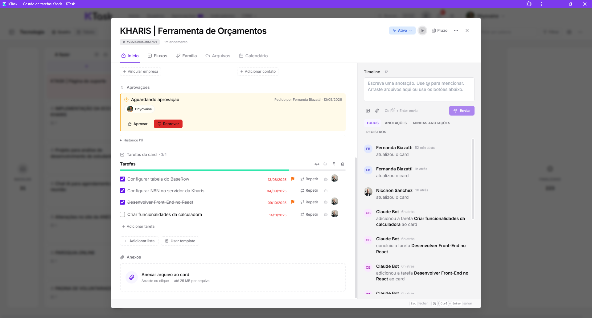 Card detalhado (parte 2) — checklist de tarefas, sub-cards (CardPresence multi-fluxo), anexos via presigned URL e timeline de anotações com @mentions.