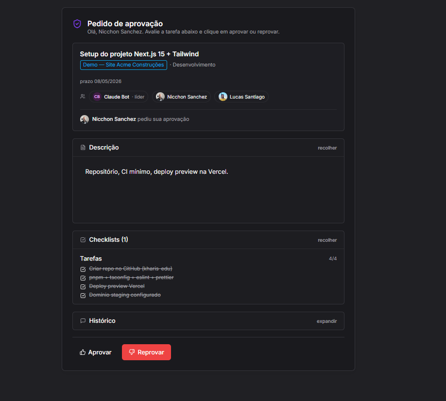 Aprovação por cliente externo — link tokenizado sem cadastro. Cliente vê descrição, equipe, prazo e decide com um clique.