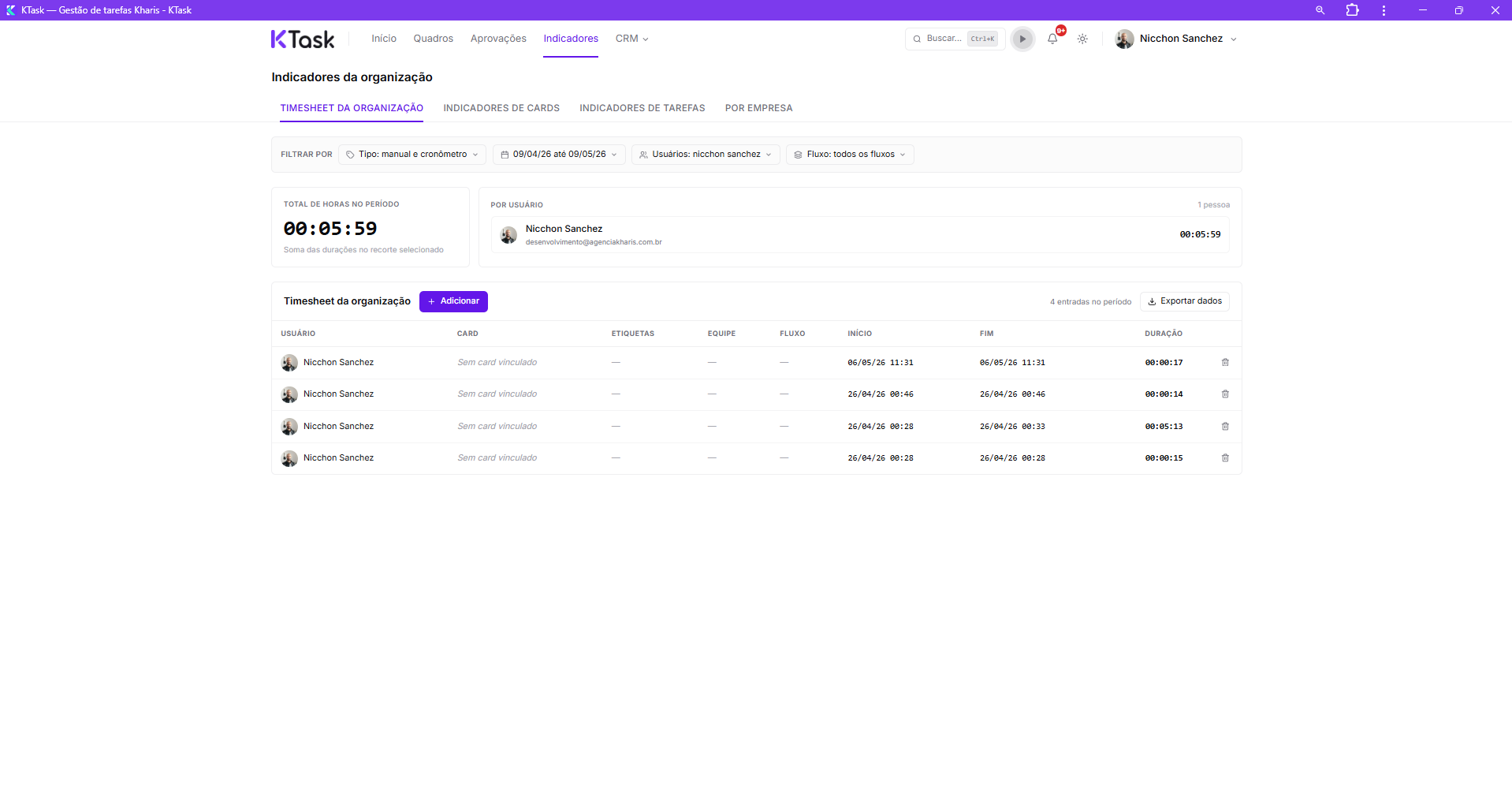 Timesheet da organização — controle manual ou cronômetro, filtros por período/fluxo/usuário, exportação CSV.