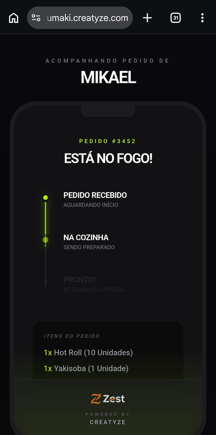 Acompanhamento mobile do pedido pelo cliente final — acesso público por hash do pedido (sem login), atualização em tempo real do status. PWA-ready com Web Push VAPID pra notificar quando pronto.